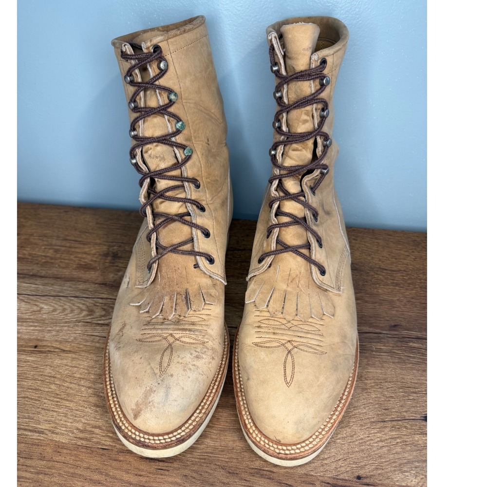 Justin Mens 708 Vintage Lace Up Roper Boots Tan Leather Kiltie Made in USA 10 D